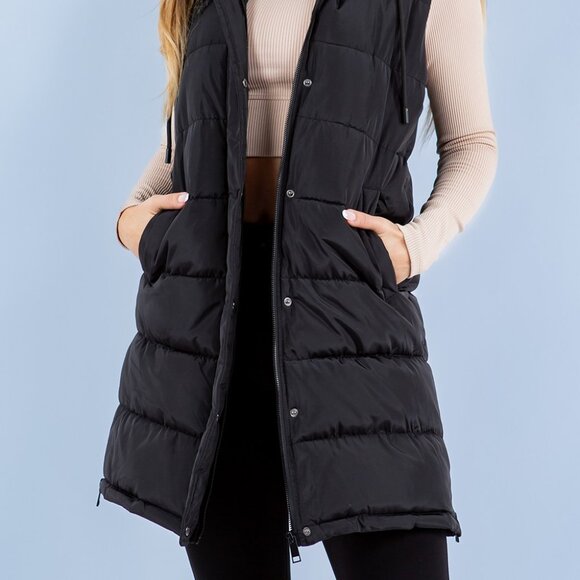 HIgh Collar Sleeveless Puffer Vest with Adjustable Drawstring Hood Fur Lined - Picture 8 of 8